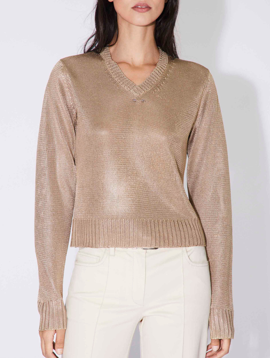 Gold Tone Twisted Yarn Short V Neck Sweater